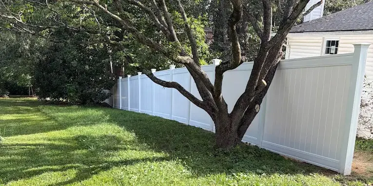 Long line of white vinyl privacy fencing running along a shaded lawn behind a large mature tree.